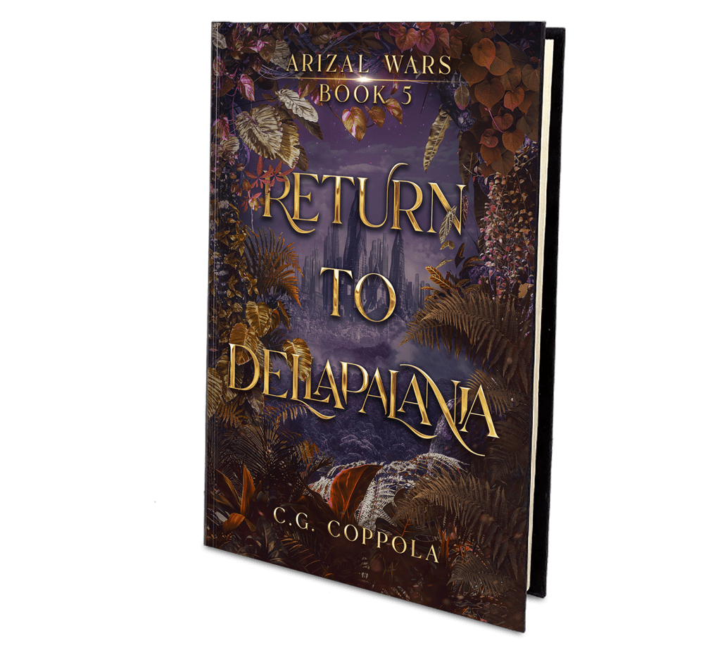3D render of Return to Dellapalania by C.G. Coppola. The book cover shows a fantasy jungle scene with ferns and flowers framing an ancient city skyline under a dramatic purple sky. Gold embossed title text glows against the dark, magical backdrop.